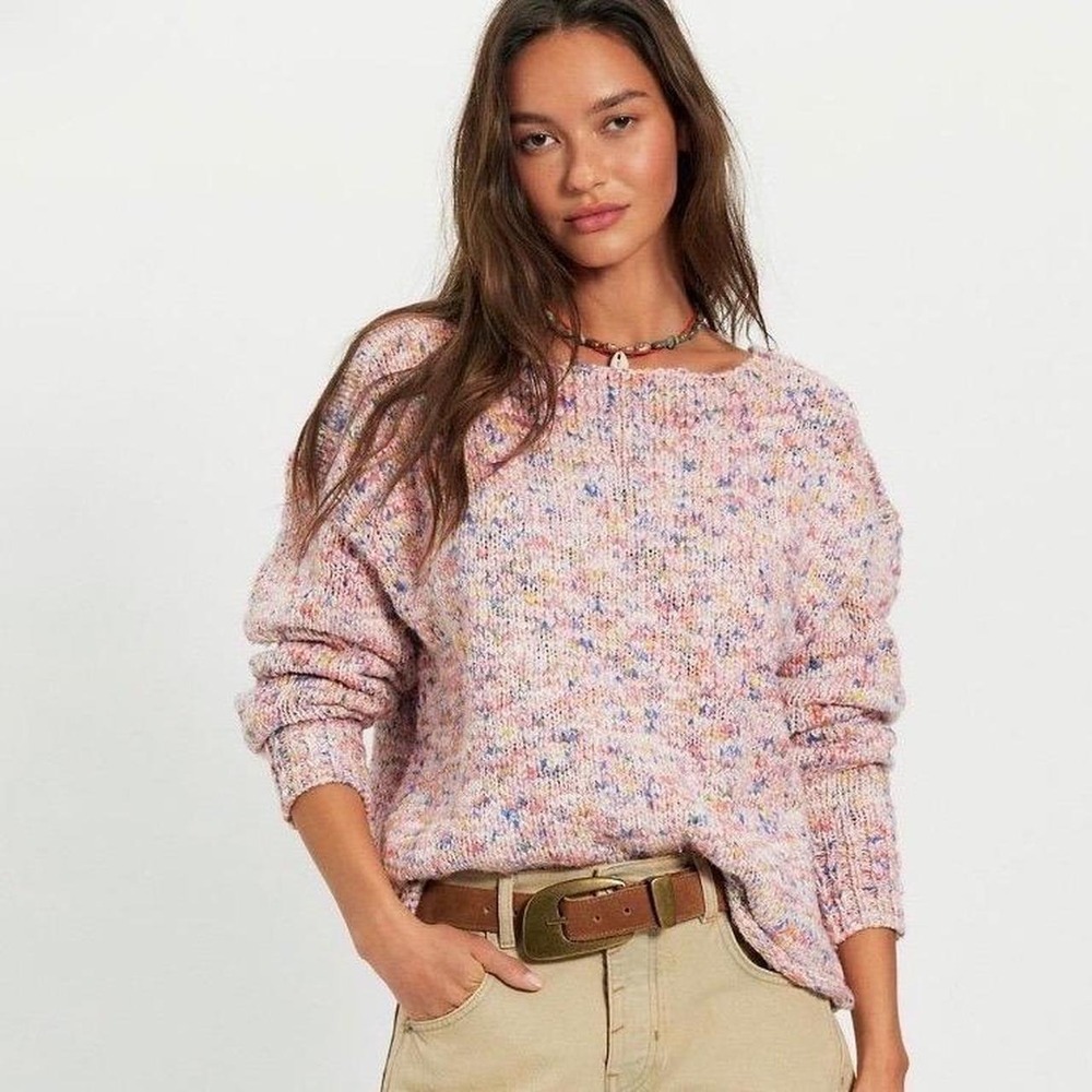 FREE PEOPLE Pink Knit Sweater Pullover Coastline Spacedye‎ Coral Reef Size M NWT